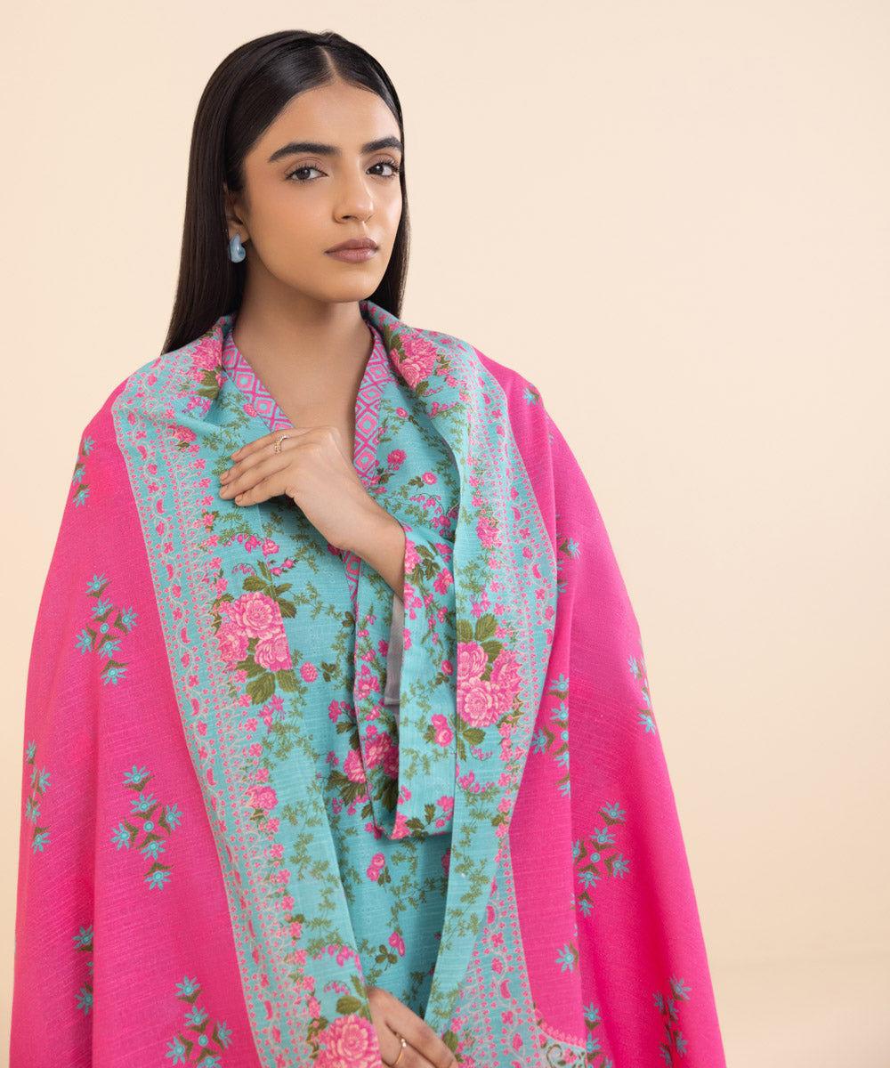 Women's Unstitched Printed Turquoise Khaddar Three Piece Suit