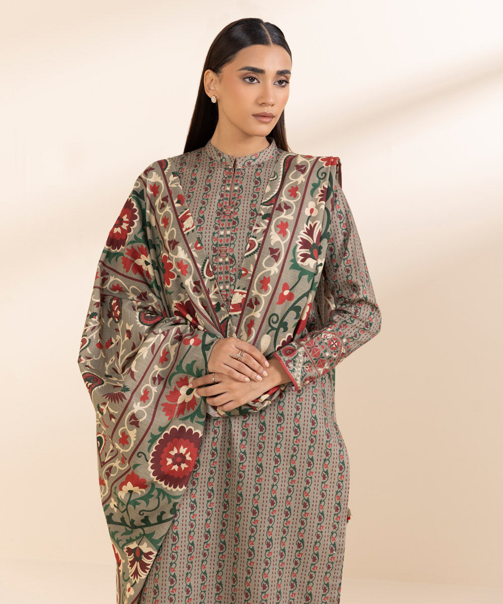 Women's Unstitched Printed Multicolour Dobby Three Piece Suit