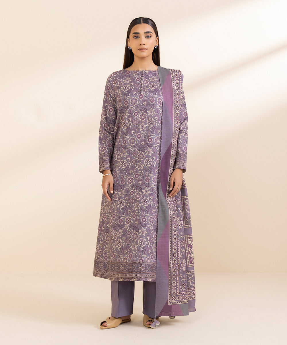 Women's Unstitched Printed Mauve Dobby Three Piece Suit