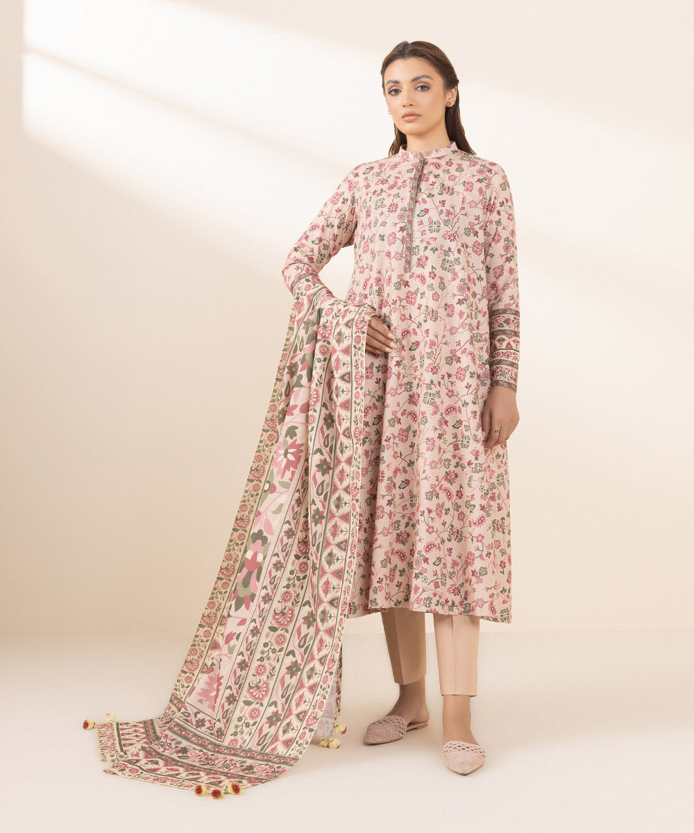 Women's Unstitched Printed Peach Pink Dobby Three Piece Suit