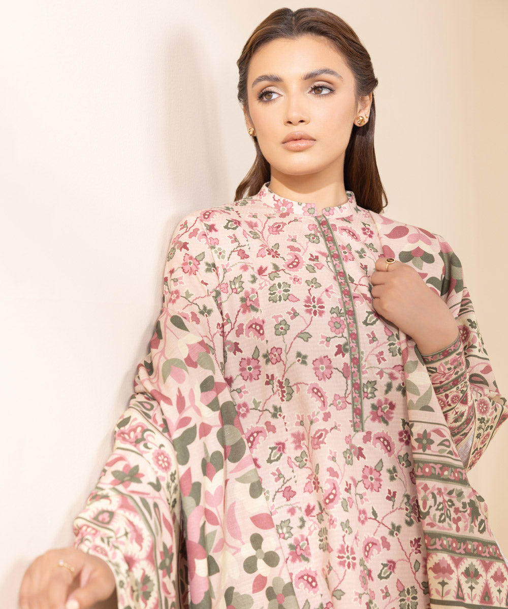 Women's Unstitched Printed Peach Pink Dobby Three Piece Suit