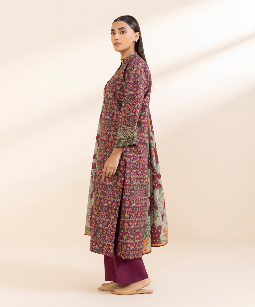 Women's Unstitched Printed Maroon Dobby Three Piece Suit