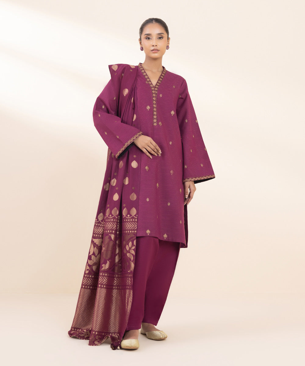 Women's Unstitched Embroidered Purple Zari Khaddar Three Piece Suit