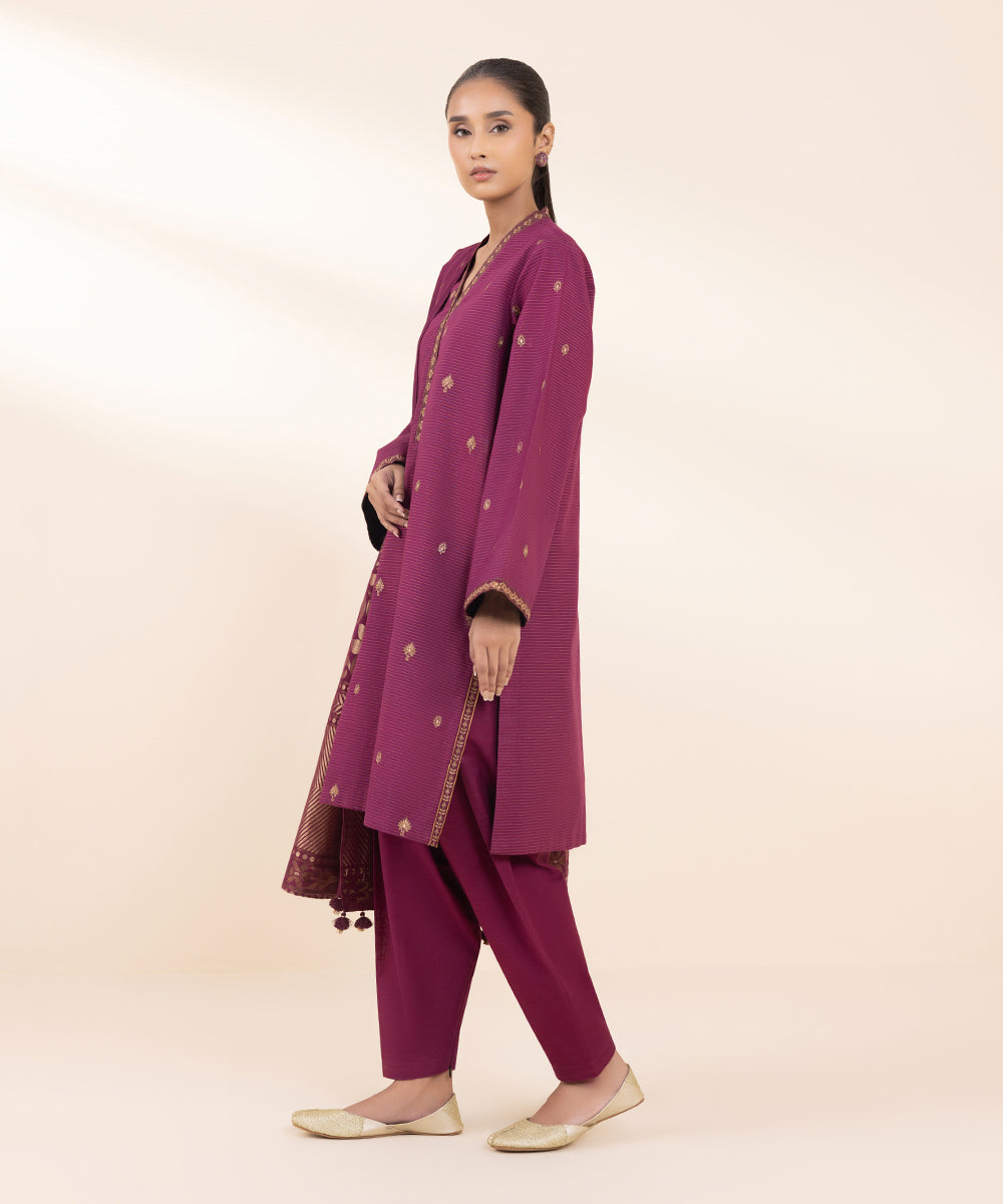 Women's Unstitched Embroidered Purple Zari Khaddar Three Piece Suit