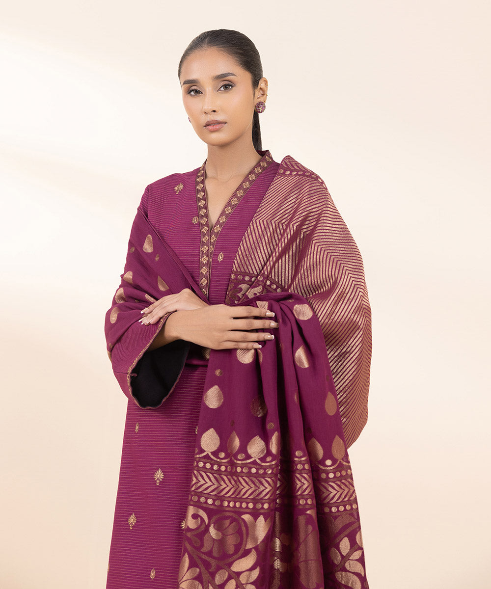 Women's Unstitched Embroidered Purple Zari Khaddar Three Piece Suit