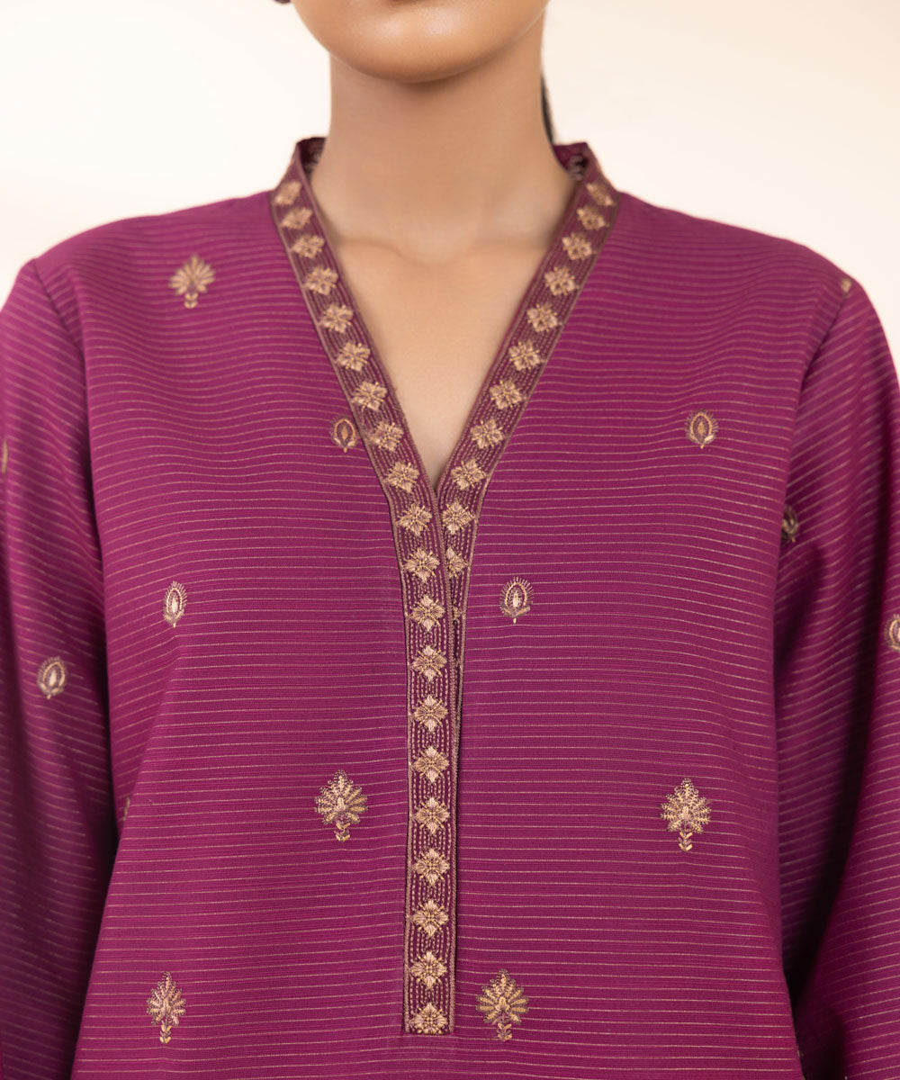 Women's Unstitched Embroidered Purple Zari Khaddar Three Piece Suit