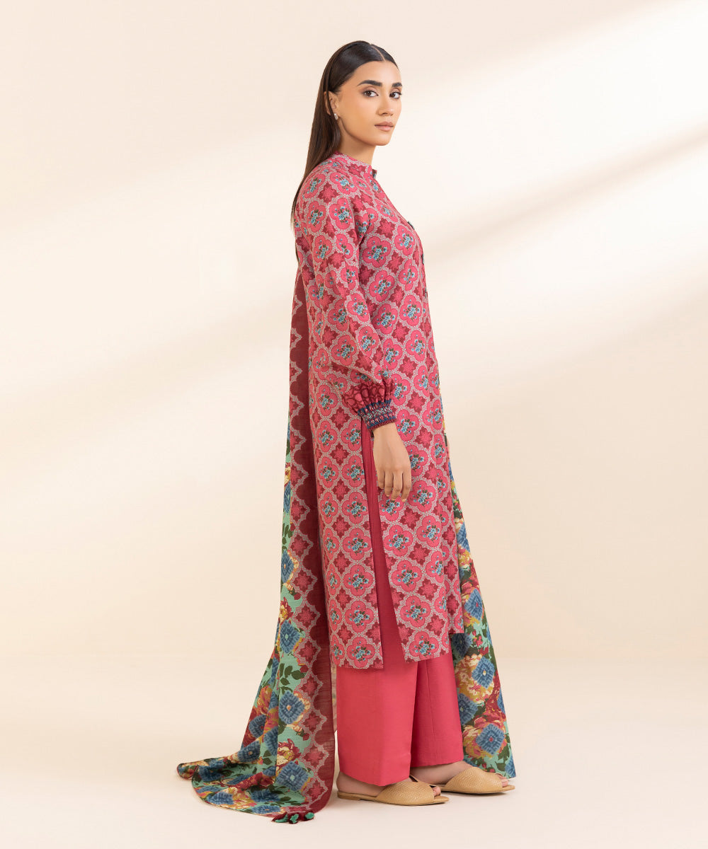 Women's Unstitched Printed Rouge Pink Khaddar Three Piece Suit