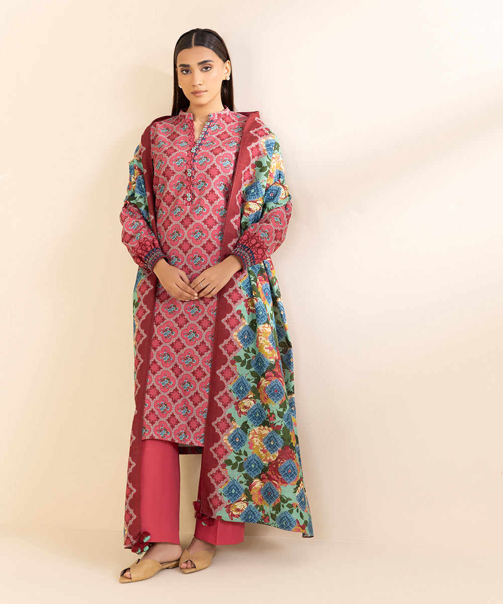 Women's Unstitched Printed Rouge Pink Khaddar Three Piece Suit