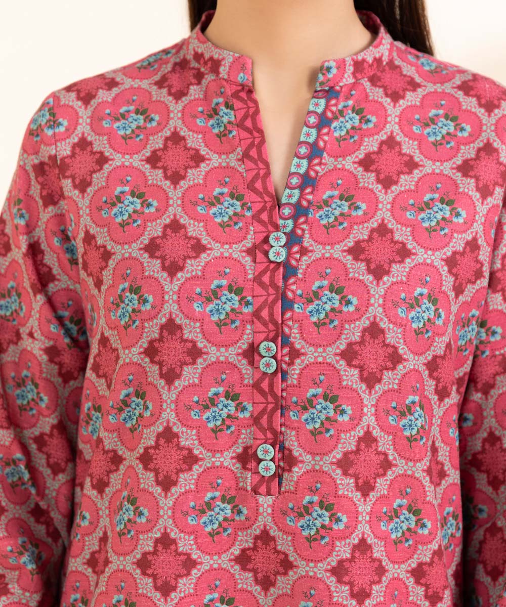 Women's Unstitched Printed Rouge Pink Khaddar Three Piece Suit