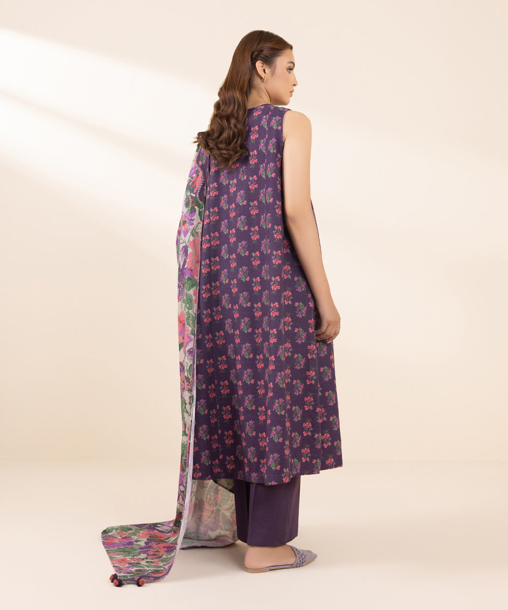 Women's Unstitched Printed Dark Purple Khaddar Three Piece Suit