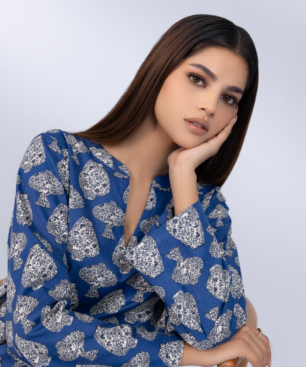 Women's Pret Cambric Printed Blue Straight Shirt