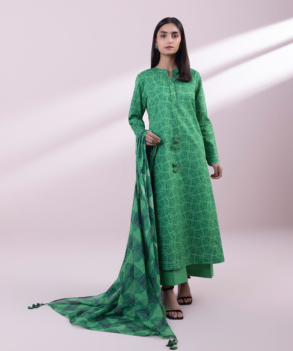 Women's Unstitched Lawn Printed Green 3 Piece Suit