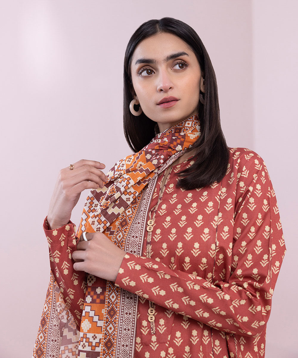 Women's Unstitched Lawn Printed Red 3 Piece Suit