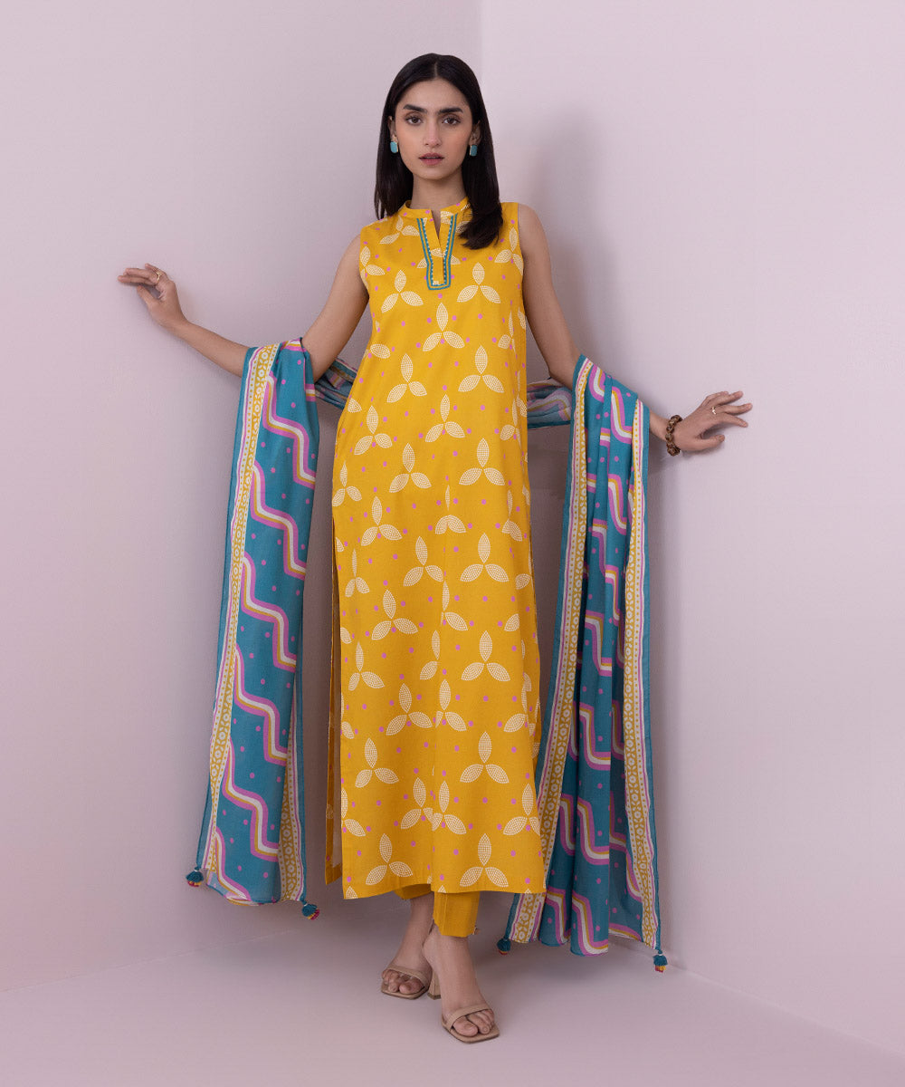 Women's Unstitched Lawn Printed Yellow 3 Piece Suit