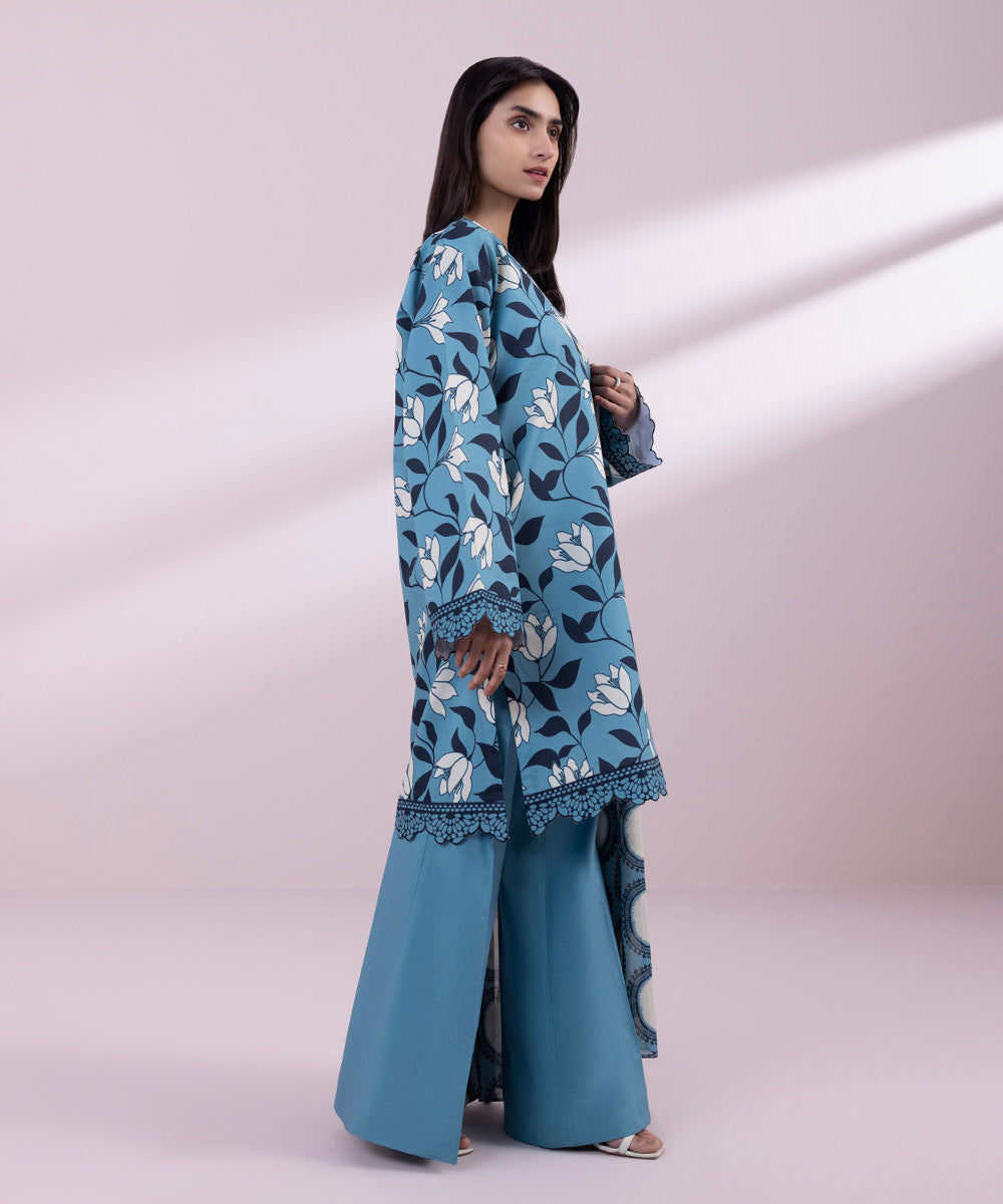 Women's Unstitched Lawn Printed Blue 3 Piece Suit