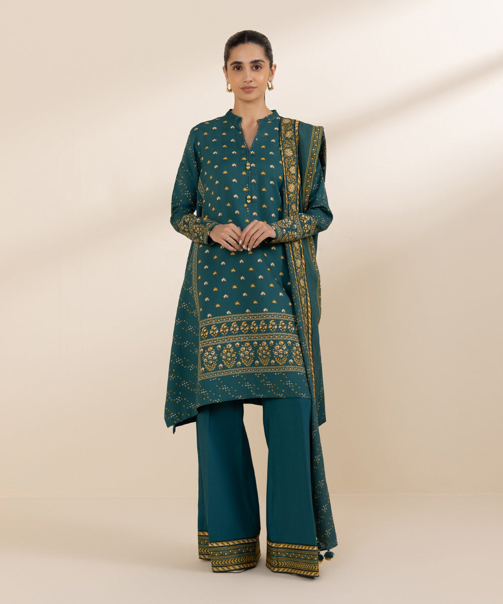 Women's Unstitched Linen Blue Printed 3 Piece Suit