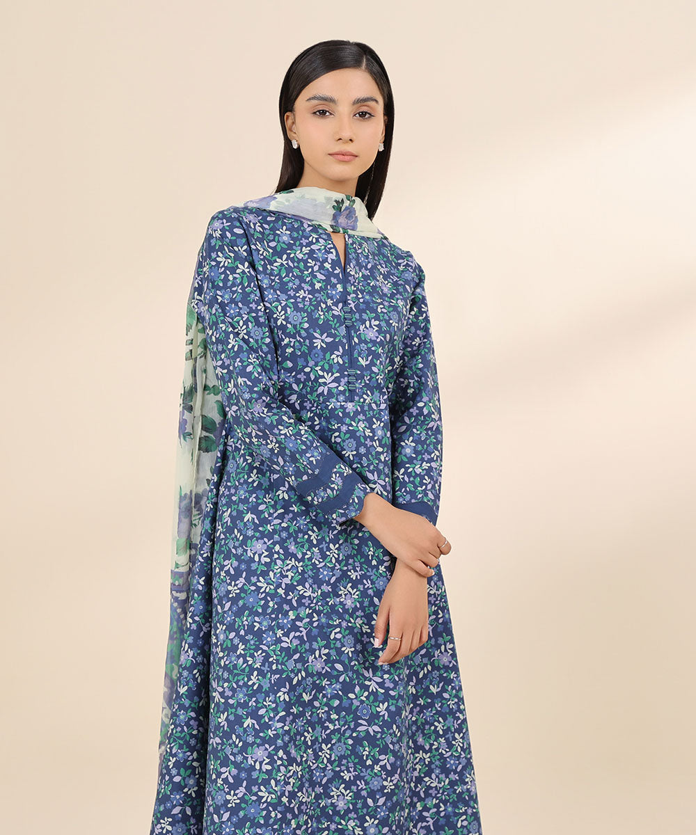 Women's Unstitched Cambric Blue Printed 3 Piece Suit