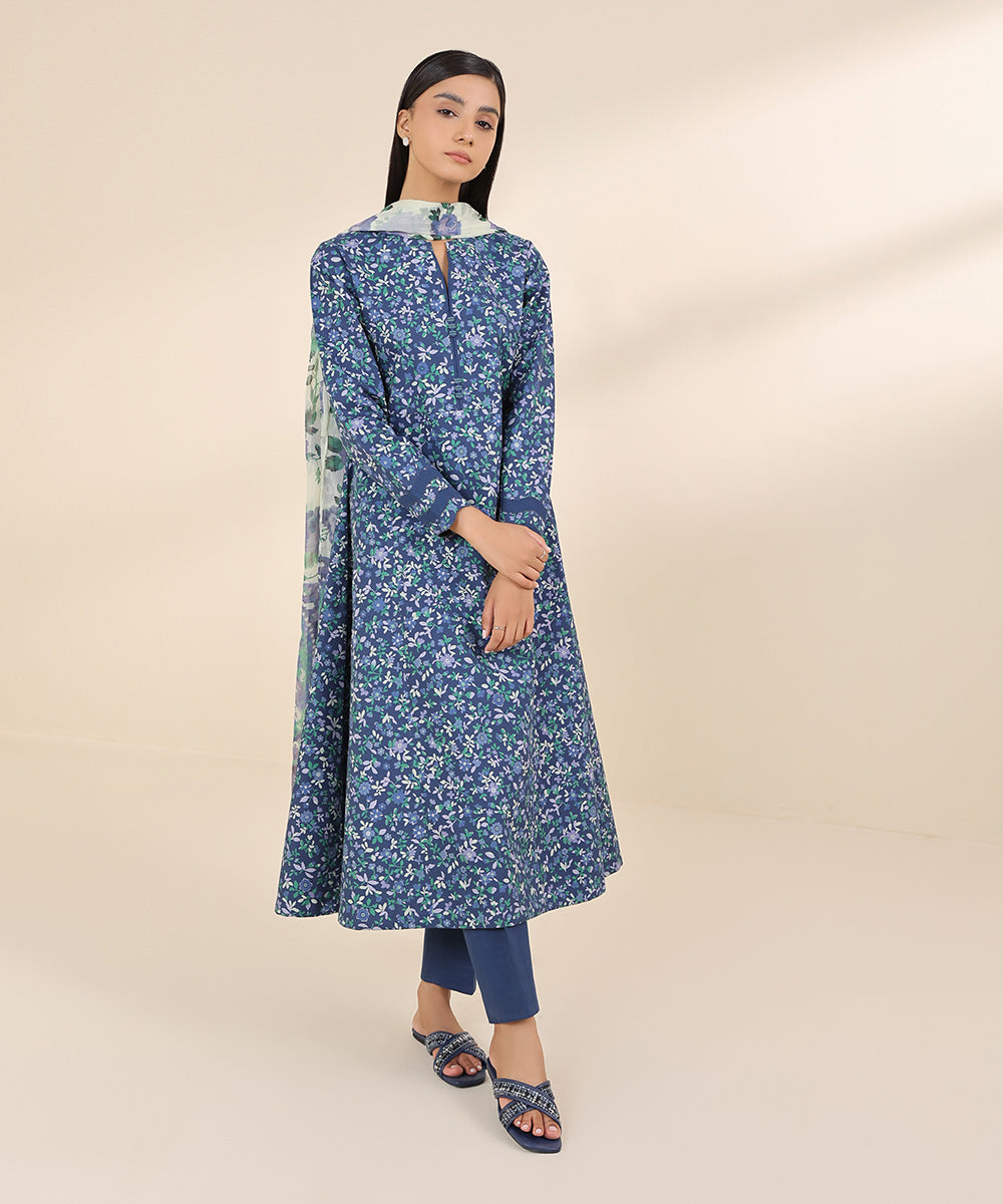 Women's Unstitched Cambric Blue Printed 3 Piece Suit