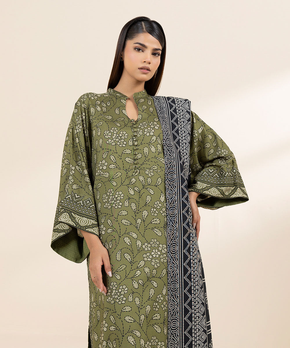 Women's Unstitched Linen Green Printed 3 Piece Suit