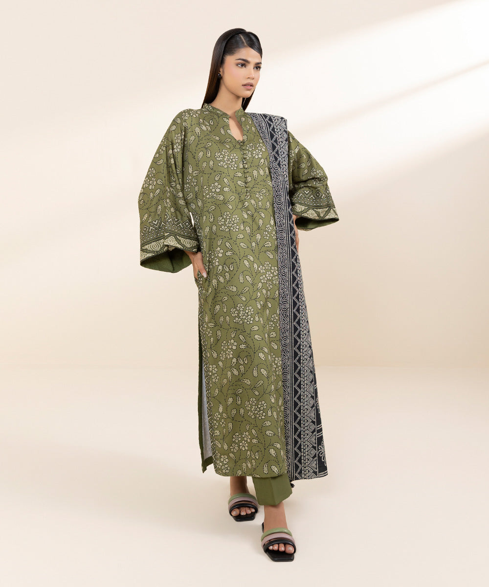 Women's Unstitched Linen Green Printed 3 Piece Suit