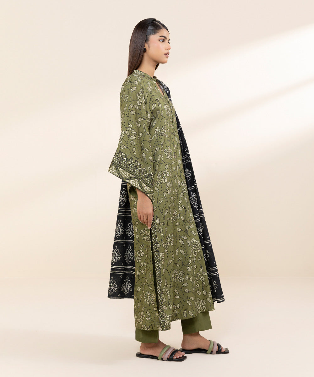 Women's Unstitched Linen Green Printed 3 Piece Suit