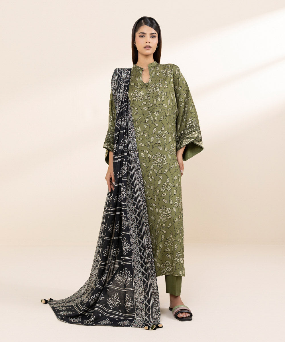 Women's Unstitched Linen Green Printed 3 Piece Suit