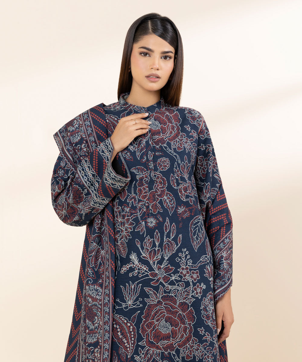 Women's Unstitched Khaddar Blue Printed 3 Piece Suit