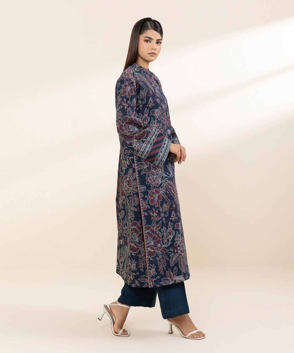 Women's Unstitched Khaddar Blue Printed 3 Piece Suit