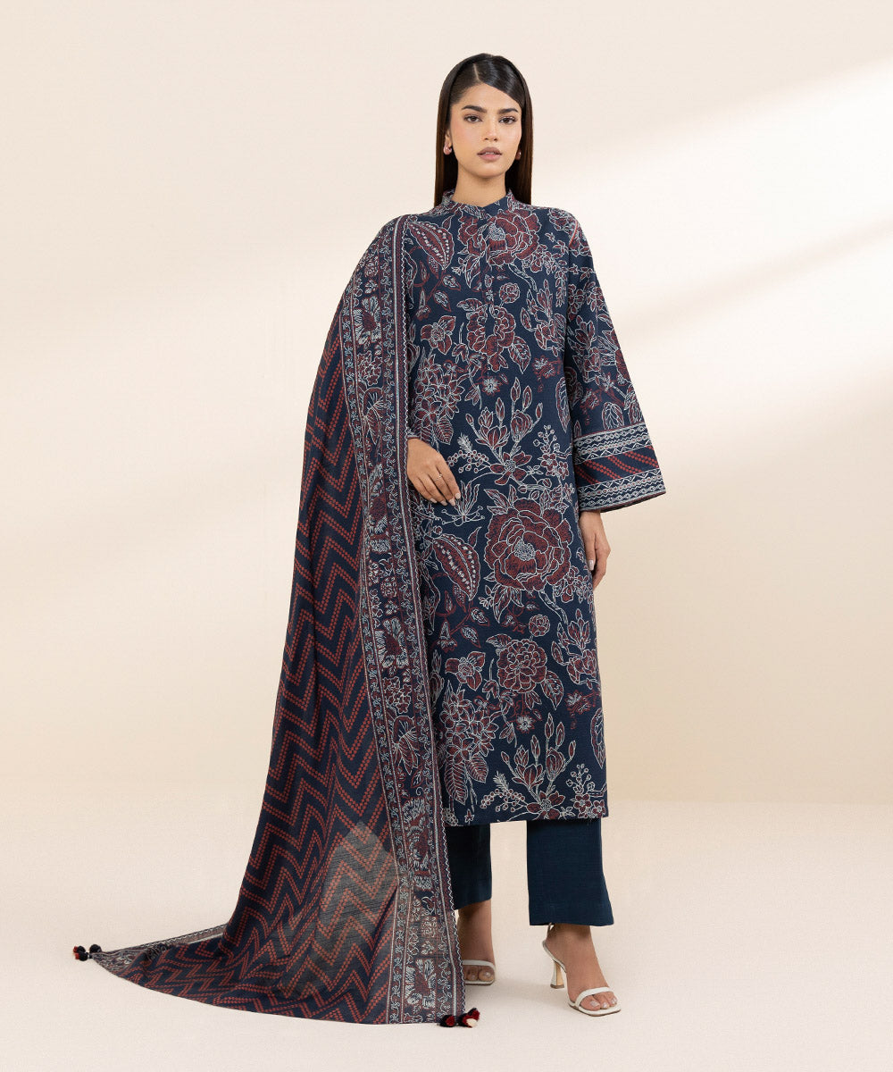 Women's Unstitched Khaddar Blue Printed 3 Piece Suit