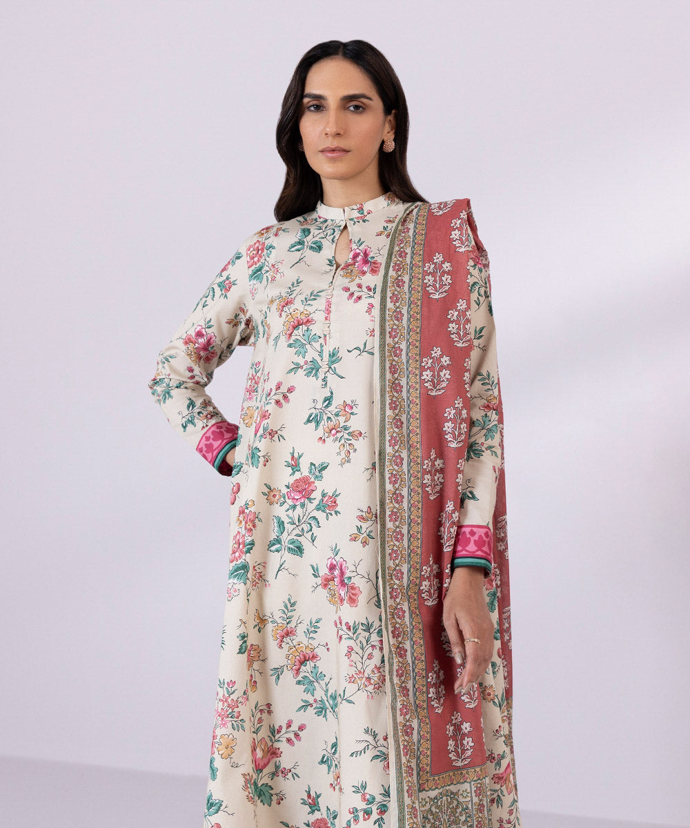 Women's Unstitched Lawn Printed Ivory 2 Piece Suit