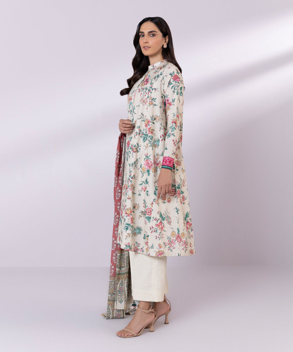 Women's Unstitched Lawn Printed Ivory 2 Piece Suit