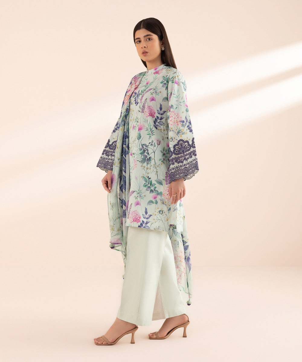 Women's Pret Lawn Printed Embroidered Blue Boxy Shirt