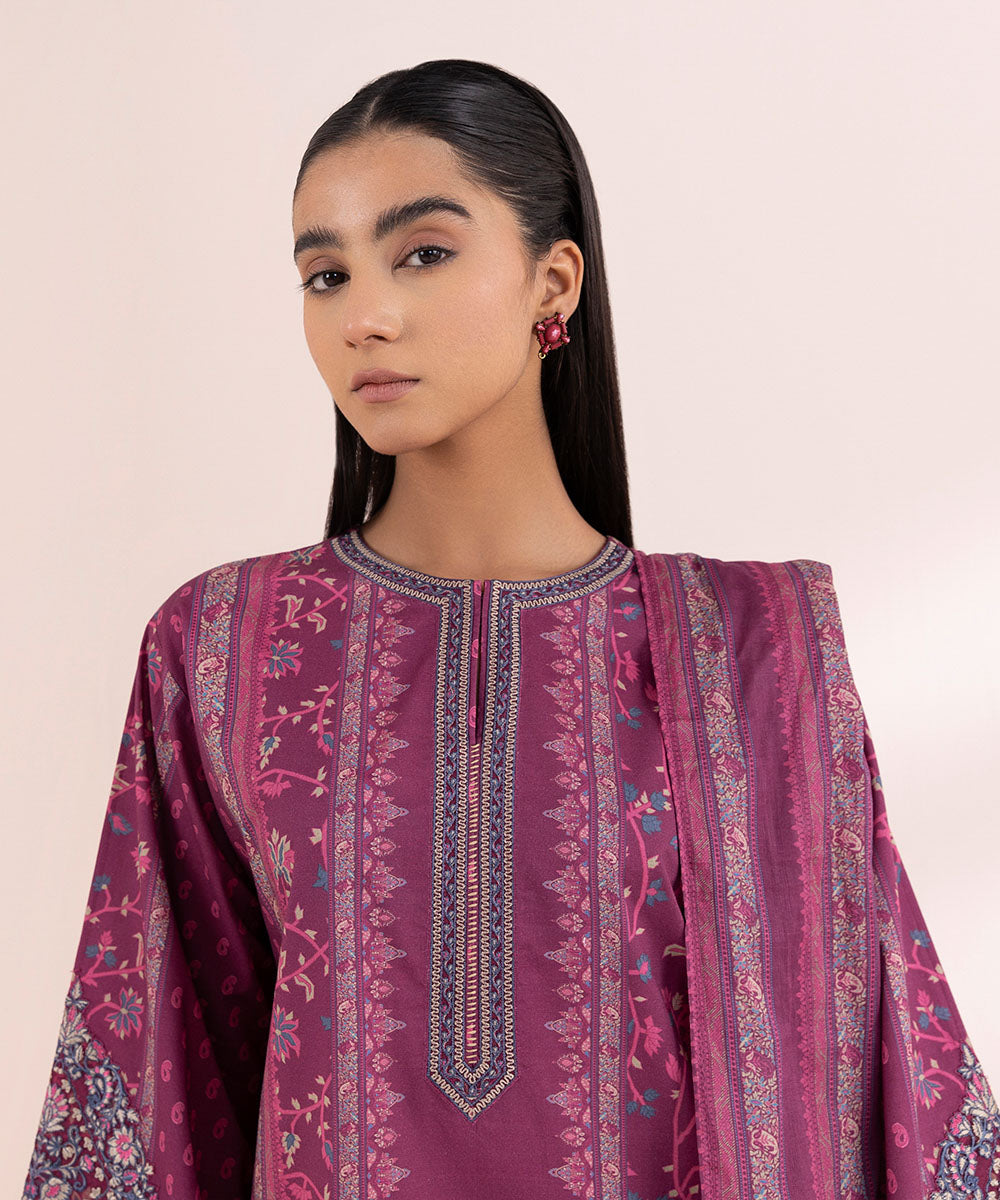 Women's Pret Lawn Printed Embroidered Purple Boxy Shirt