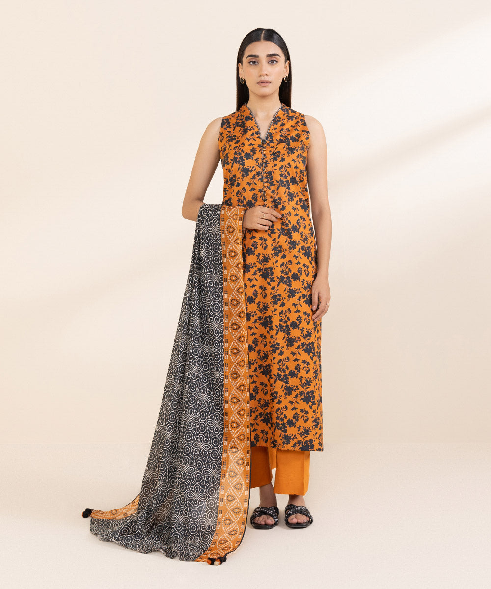 Women's Unstitched Lawn Orange Printed 3 Piece Suit