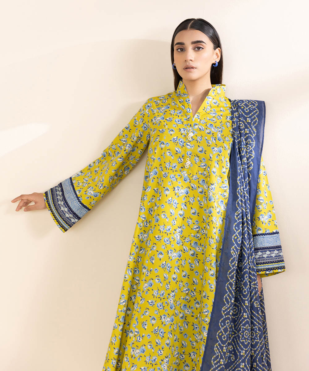 Women's Unstitched Lawn Yellow Printed 3 Piece Suit