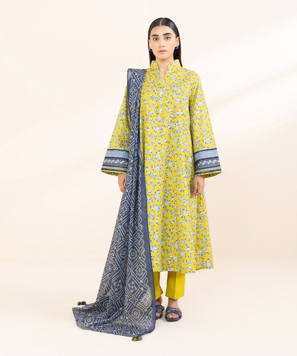 Women's Unstitched Lawn Yellow Printed 3 Piece Suit