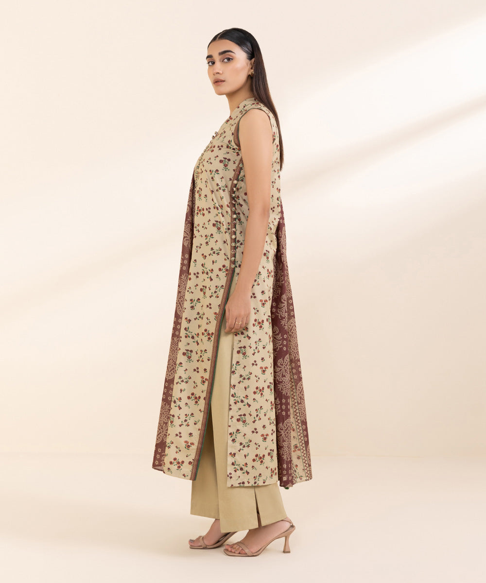 Women's Unstitched Lawn Beige Printed 3 Piece Suit