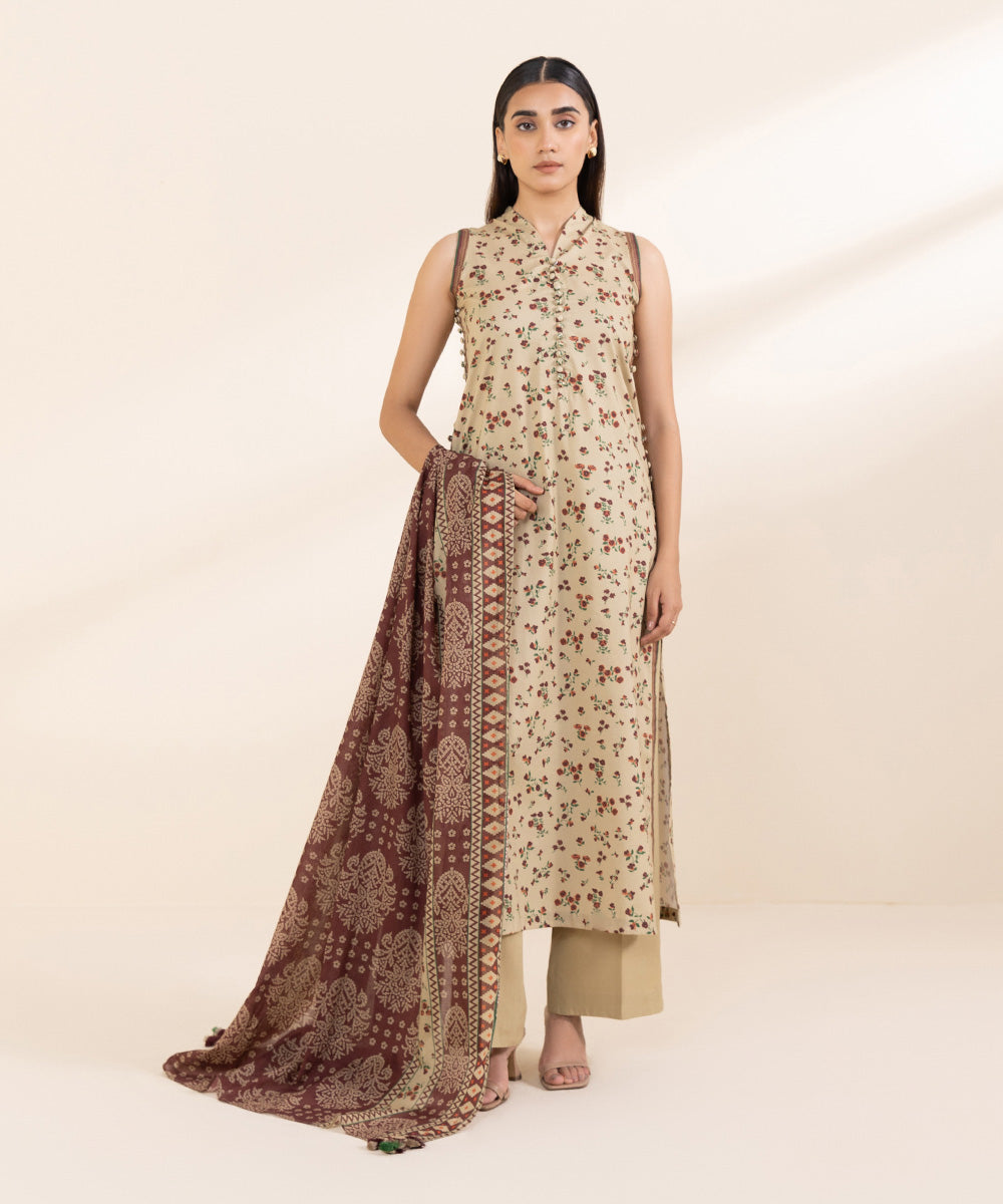 Women's Unstitched Lawn Beige Printed 3 Piece Suit