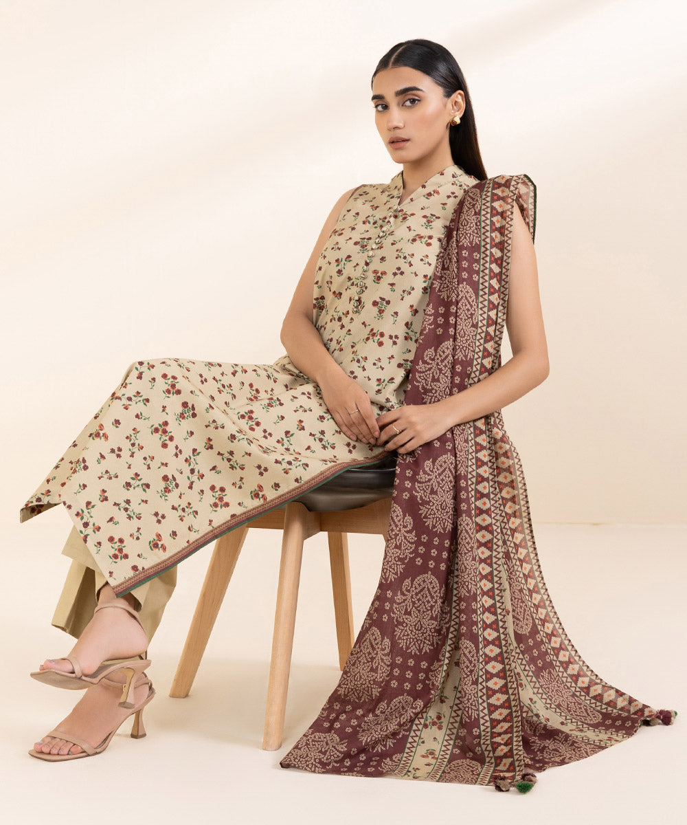 Women's Unstitched Lawn Beige Printed 3 Piece Suit