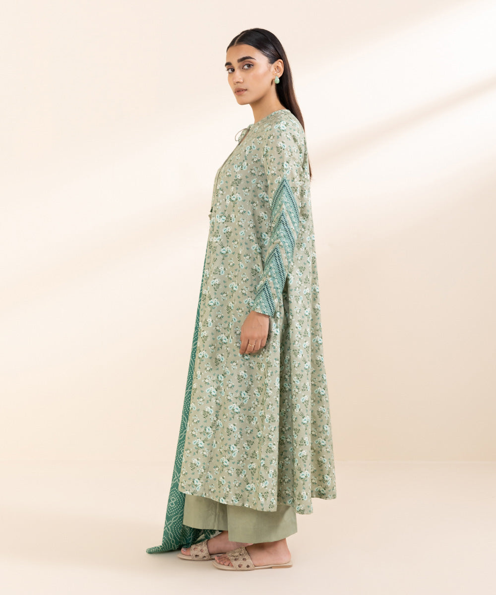 Women's Unstitched Lawn Green Printed 3 Piece Suit