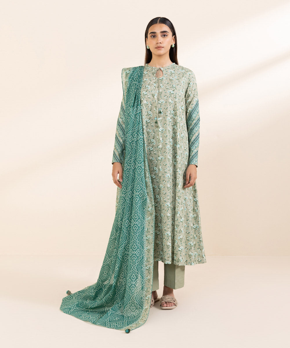 Women's Unstitched Lawn Green Printed 3 Piece Suit