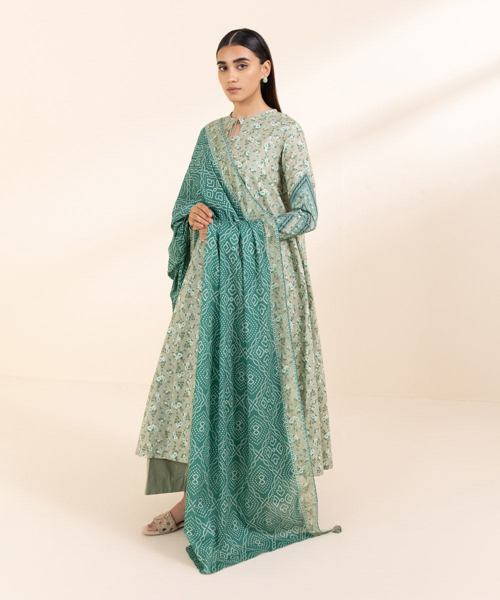 Women's Unstitched Lawn Green Printed 3 Piece Suit