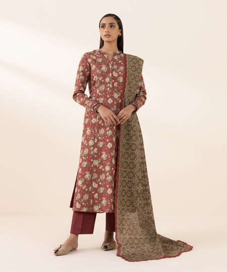 Women's Pret Khaddar Red Printed 3 Piece Suit