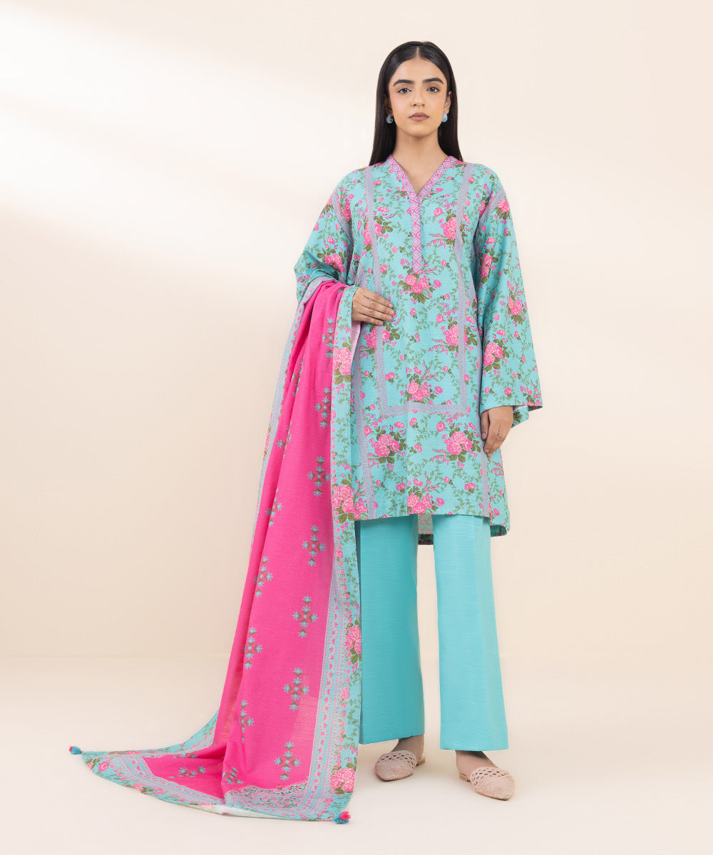 Women's Pret Khaddar Blue Printed 3 Piece Suit