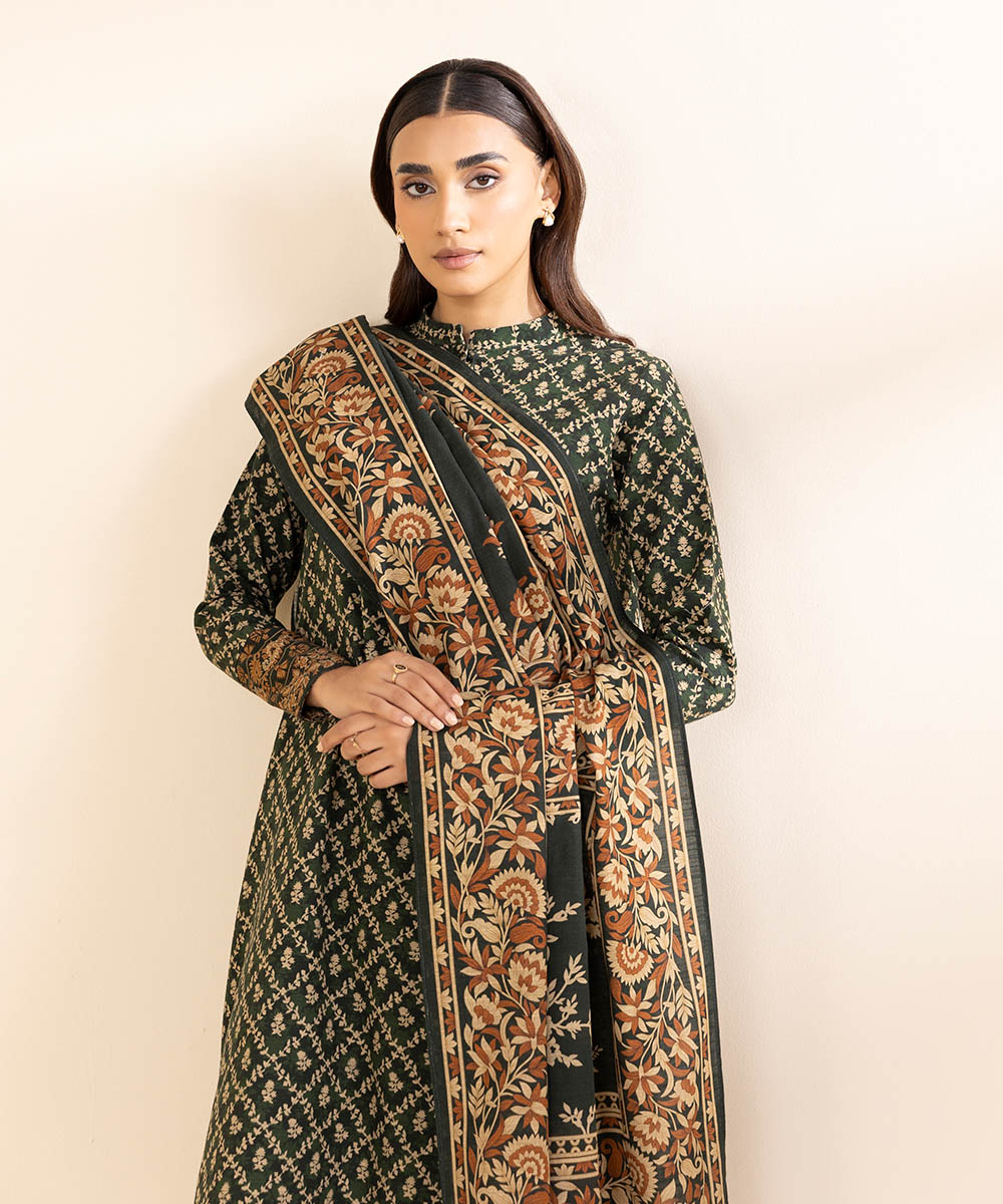 Women's Pret Khaddar Green Printed 3 Piece Suit