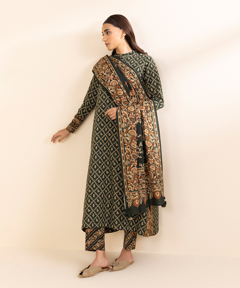 Women's Pret Khaddar Green Printed 3 Piece Suit