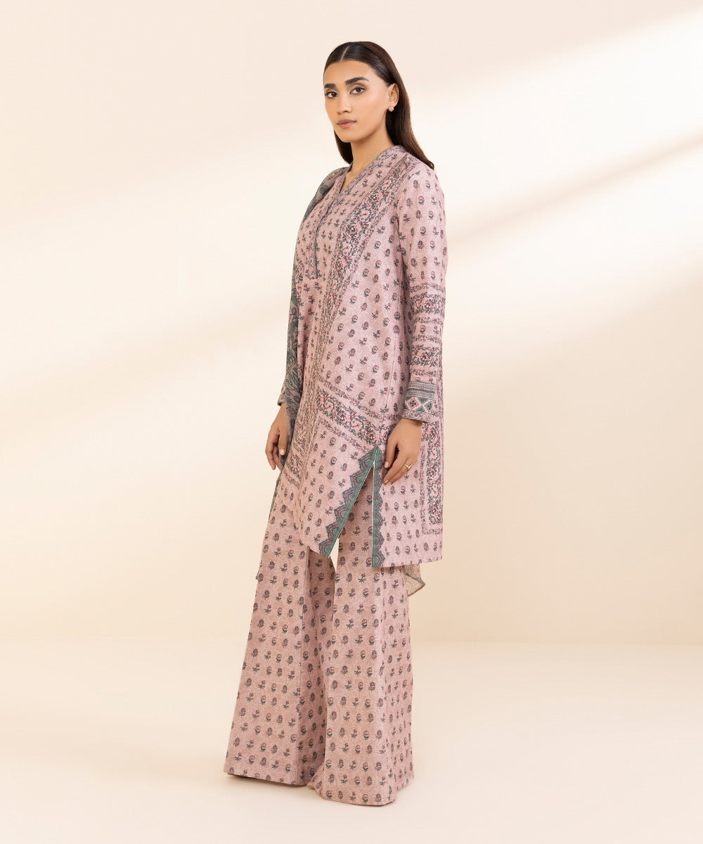 Women's Unstitched Khaddar Printed Pink 3 Piece Suit