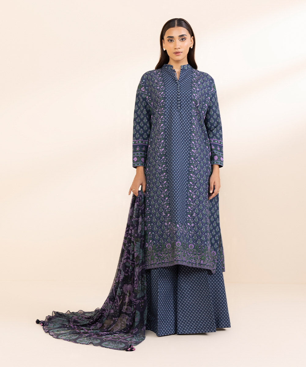 Women's Unstitched Khaddar Printed Blue 3 Piece Suit