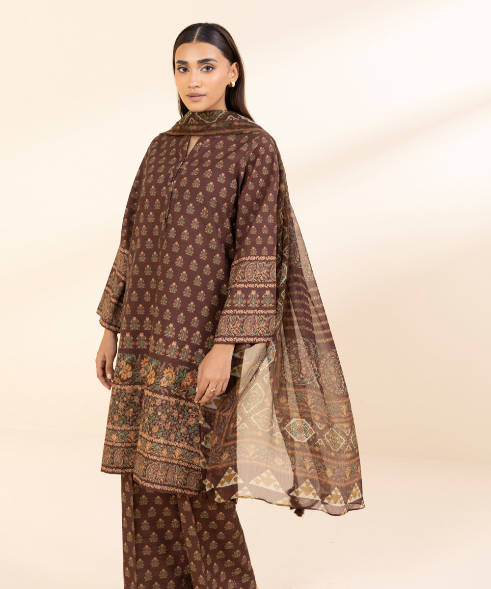 Women's Unstitched Khaddar Printed Brown 3 Piece Suit