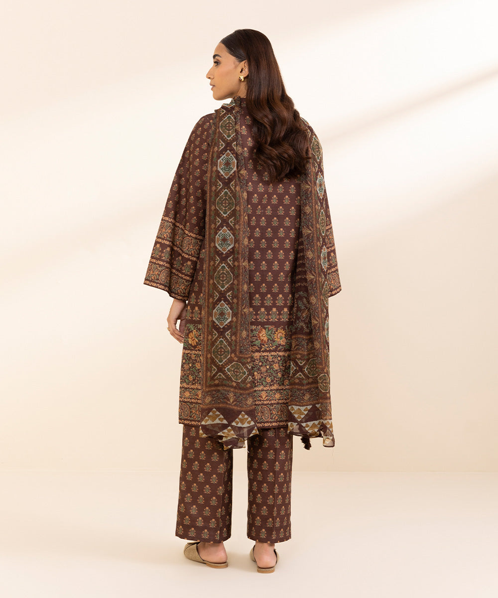 Women's Unstitched Khaddar Printed Brown 3 Piece Suit